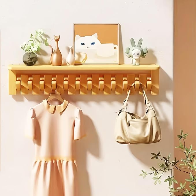 Wall Mounted Coat RackHooks Piano Key Hangers Natural Solid Wood Hanger Non-Woven Fabric Clothes Hangers for Closet, Kitchen, Bedroom, Bathroom, Entryway (Tray-Beech, 12 Hooks)