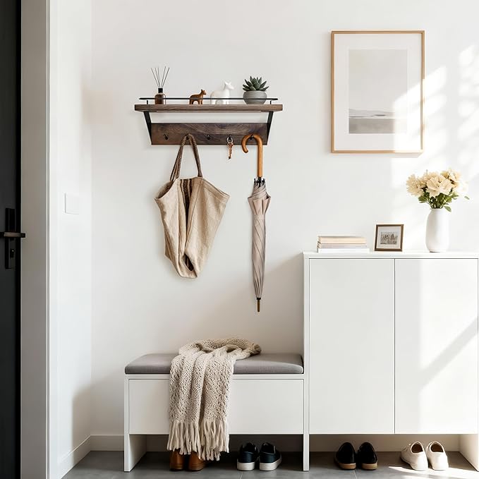 Coat Rack Wall Mount with Shelf - Natural Walnut Wall Shelf with Hooks, Entryway Floating Shelves with 5 Hooks and Metal Frame for Bags, Hats, Kitchen, Living Room, Bedroom