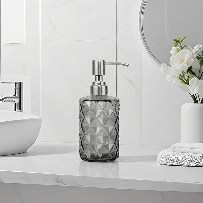 12Oz Gray Glass Soap Dispenser with Stainless Steel Pump, Refillable Kitchen Liquid Hand Soap Dispenser with Diamond Design, for Dispense Hand soap, Dish Soap, Lotion, Bathroom, Countertop, Hotel