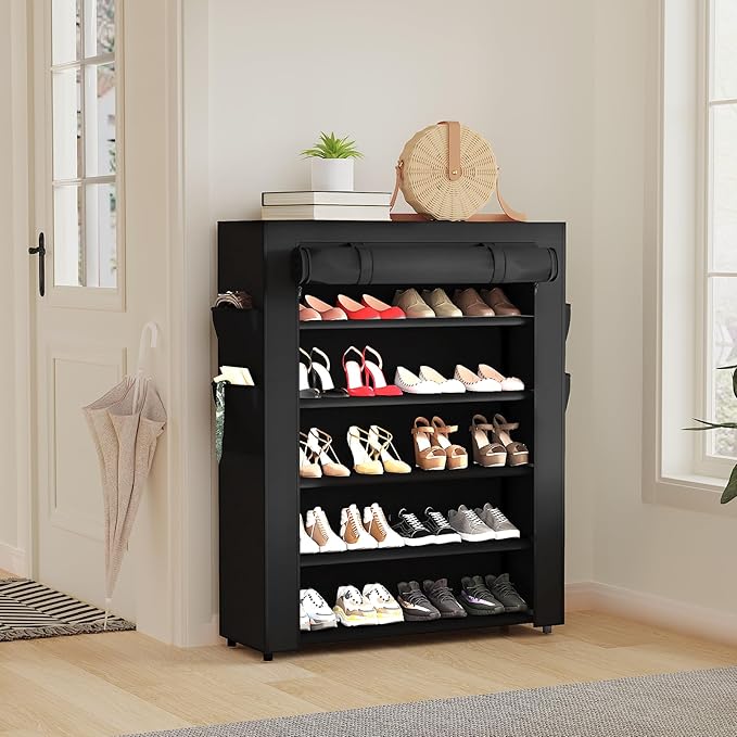 Mavivegue Shoe Rack with Cover, 5 Tier Shoe Organizer for Entryway, Shoe Storage for Front Door Entrance, Closet