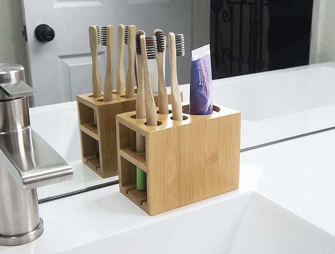 Bamboo Naturals Toothbrush Holder, Stores 4 Toothbrushes and 1 Toothpaste, Made of 100% Sustainable Bamboo, Stylish Bathroom Organizer Accessory, Easy to Clean and Odor Resistant