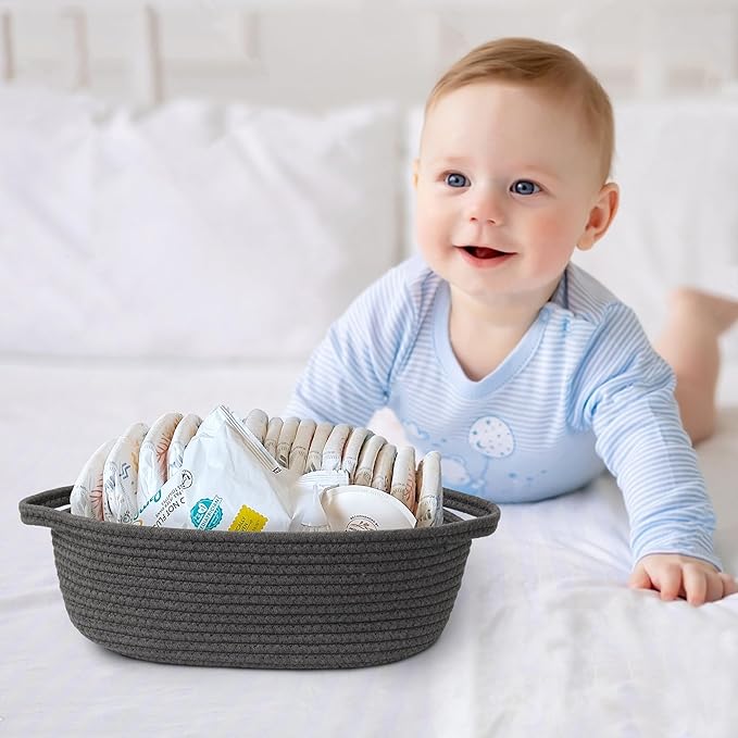 Small Rope Basket, Baskets for Gifts Empty, Cute Woven Basket for Dog Toy, Cat Toy Bin Box, Wicker Organizing Basket for Book, Baby Diaper, Towels, Snack, 13â x 9â x 5â, Dark Gray