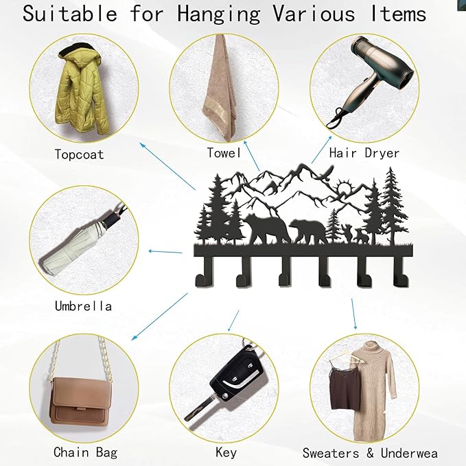 Metal Black Coat Hooks Wall Mount and Coat Rack Hanger for Hanging and Storage Ideal for Living Room, Hallway, Office, Backpack, Bags, Towel, Clothes and Hat (Bear)