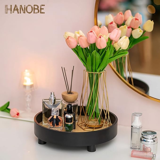 Hanobe Round Bathroom Decorative Tray: Large Vanity Decor Perfume Jewelry Trays for Bedroom Dresser - 12â Black Circle Pedestal Stand for Restroom Display