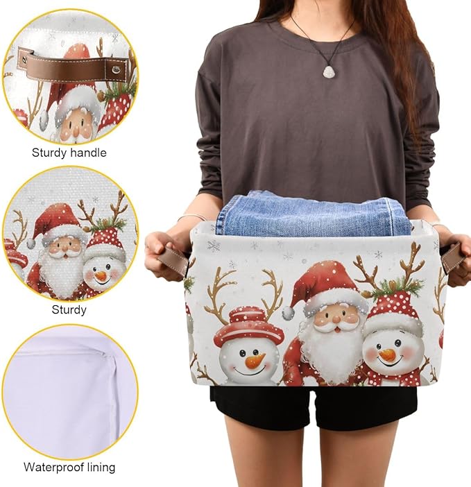 Christmas Snowman Storage Basket,Large Storage Bin Fabric Collapsible Organizer Bag with Handles 15x11x9.5 inch
