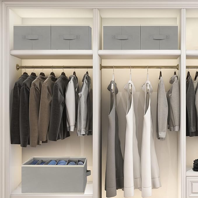 3 Pcs Large Size Wardrobe Clothes Organizers 6 Grids for Pants, Jeans, Sweater, T-shirt, Thin Coat, Dress Stackable Closet Drawer Organizer Storage Bin Container with Sturdy Handles, Grey