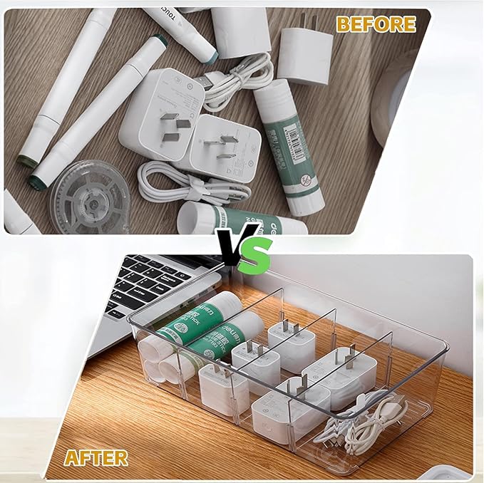 2 Pcs Clear Pantry Organizers and Storage,Plastic Storage Bins for Fridge with Removable Dividers, Kitchen Cabinet Organizers Ideal for Kitchen, Pantry, Refrigerator, Freezer, and Snack Storage