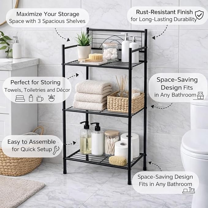 Bath Bliss 3 Tier Freestanding Bathroom Storage Shelf, Black Metal Organizer Rack | Rust Resistant Space Saving Bathroom Stand | Toilet Paper Towel Holder | Bathroom Organizer for Small Spaces
