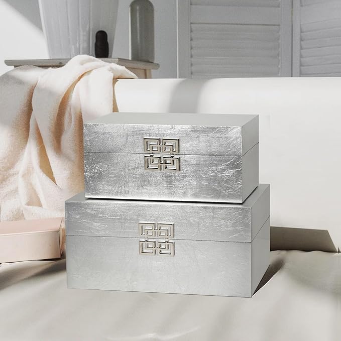 Elegant Decorative Storage Boxes with Hinged Lid - Classic Wooden Organizers with Geometric Clasp - Set of 2 for Home & Office (Foil Silver)