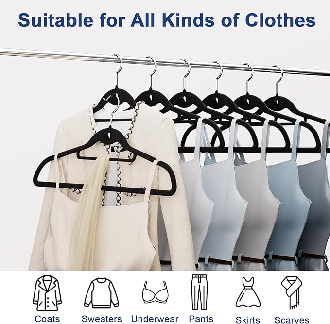 Black Velvet Hangers,Non Slip Felt Hanger,Stackable Space Saving Hangers with 360° Rotating Silver Hook,Closet Organizers and Storage Suit Clothes,Pants,Shirt,Tie,Tank Top