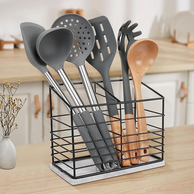 Utensil Holder for Kitchen Counter, Metal Utensil Holder Rack for Kitchen Countertop, Cooking Tools Storage for Spatula, Utensil Organizer with Marble Base, and Drainage Hole (Black Marble)