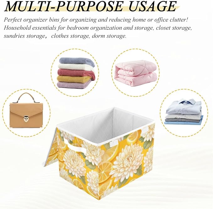 Yellow Chrysanthemum Flowers and Lemon Slices Collapsible Storage Bins with Lids Decorative Fabric Cubes Closet Organizer Basket Boxes Containers for Clothes Box Chest Nursery Foldin