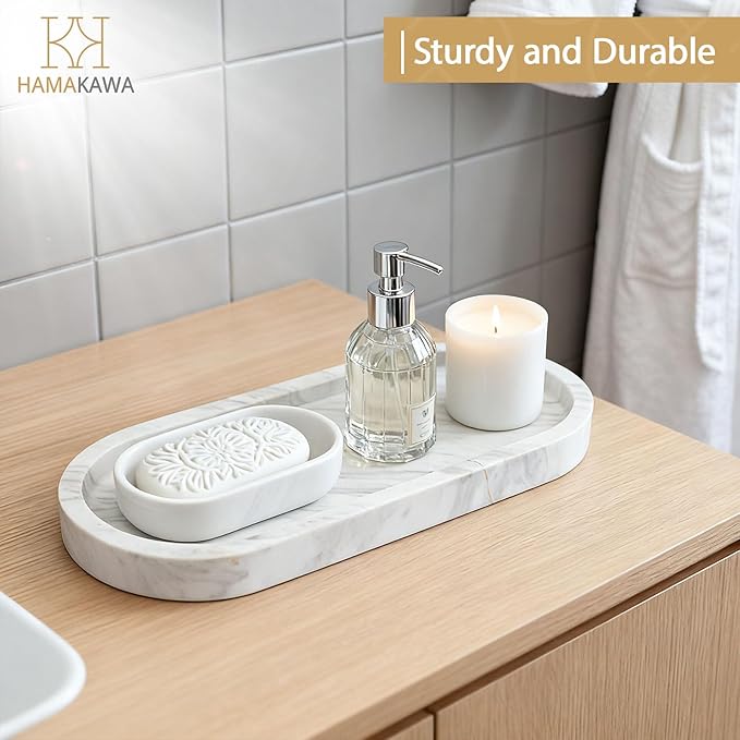 Oval Bathroom Vanity Tray, Large Natural Marble Tray 10 inch, Volakas White Stone Soap Trays, Modern Perfume Trays, Countertop Organizer for Kitchen, Coffee Table, Home Decor