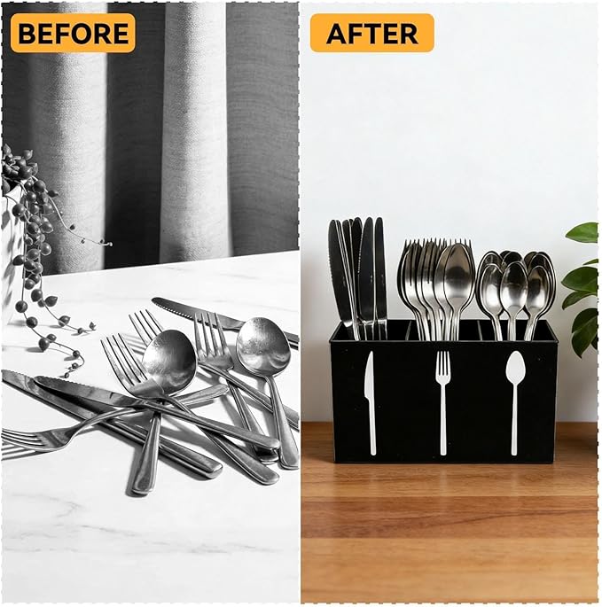Utensil Holder,Kitchen Countertop Organizer,Silverware Organizer,3 Compartments Silverware Caddy,Plastic Utensil Holder, Large Capacity Cutlery, Spoon, Fork, and Knife Rack(Black)