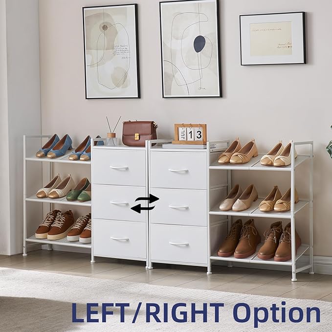 Somdot Shoe Rack, 3 Tier Shoe Organizer with 3 Drawers, Metal Shoe Storage Shelf for 6-9 Pairs of Shoes, Narrow Shoe Rack for entryway, White Leather