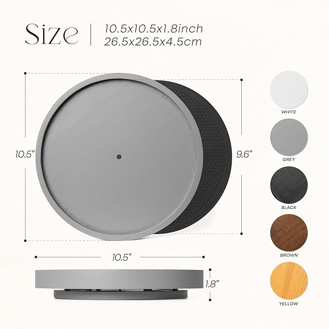 EOSAHR Farmhouse Non-Skid Wooden Lazy Susan for Countertop â 10.5" Lazy Susan Organizer as Spice Rack & Bathroom Counter Organizer with Rubber Mat - Perfect for Kitchen Counter Tray (Gray)