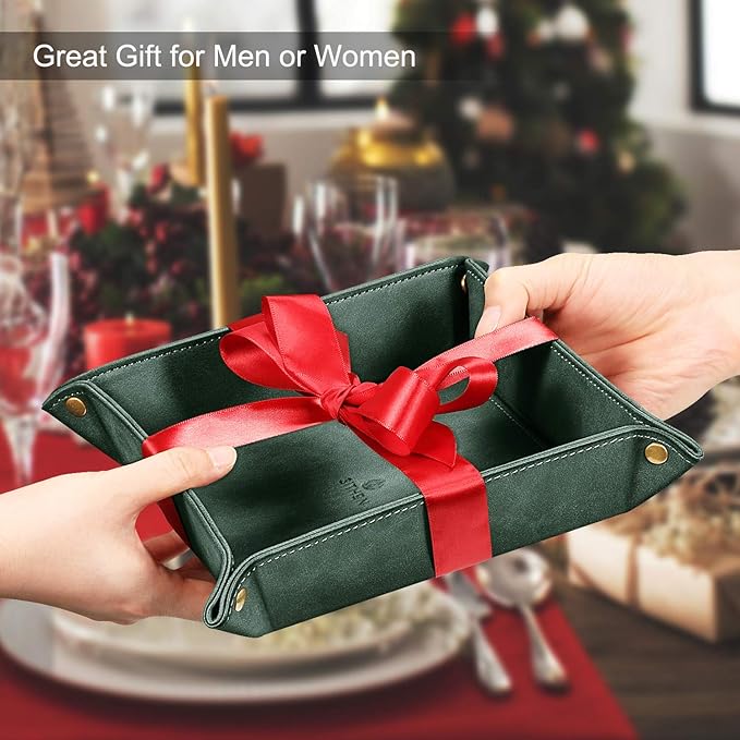 SITHON Valet Tray Desktop Storage Organizer â Premium PU Leather Catchall Bedside Vanity Tray Nightstand Caddy Holder for Keys, Phone, Wallet, Coin, Valentine's Day Gift, Dark Green