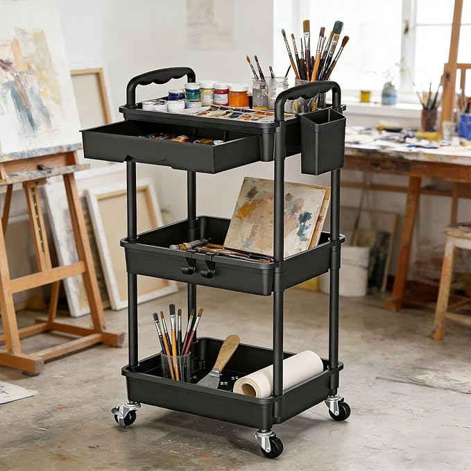 3 Tier Rolling Storage Carts with Removable Drawers, Lockable Wheels, Hooks & Cup Holders â Easy Assembly Storage Organizer for Kitchen, Bathroom, Office, Craft Room, Makeup, Black