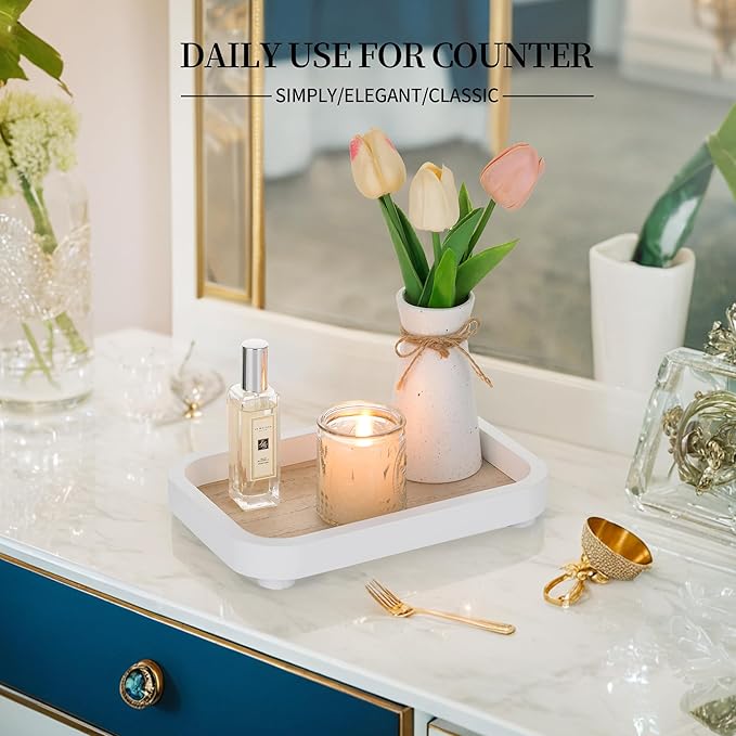 Hanobe Bathroom Vanity Perfume Tray: White Decorative Dresser for Women - Wood Stand Riser Rectangular for Home Decor - Pedestal Counter Display