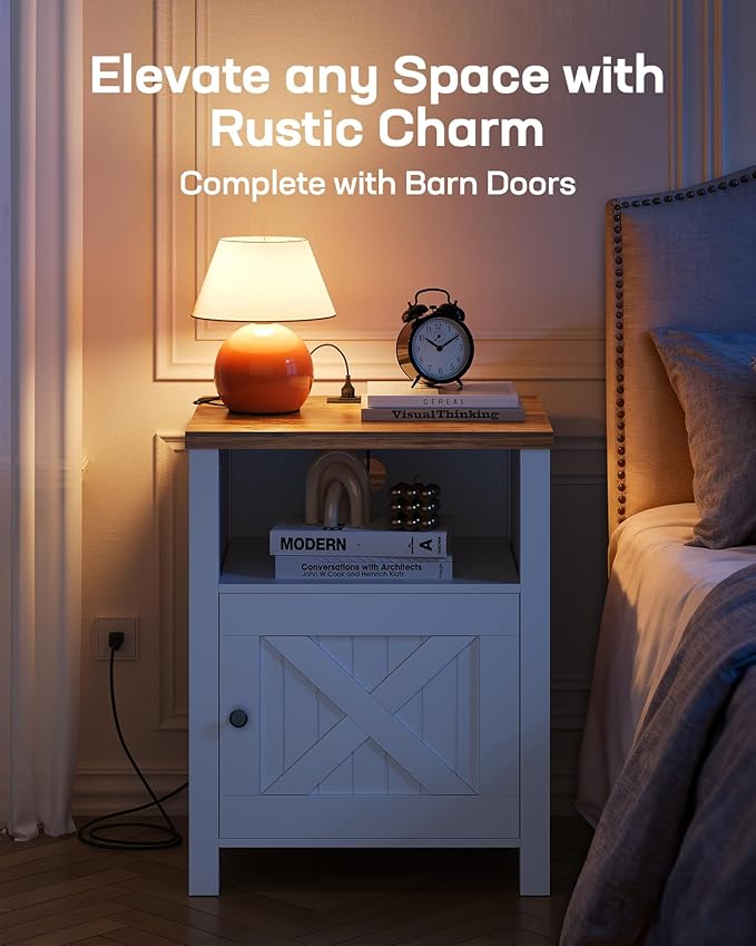 Marsail Farmhouse Nightstand with Charging Station, Wood Bedside Table with USB Port & AC Outlet, Open Shelf and Enclosed Cabinet, Side Table with Storage for Bedroom, Brown and White