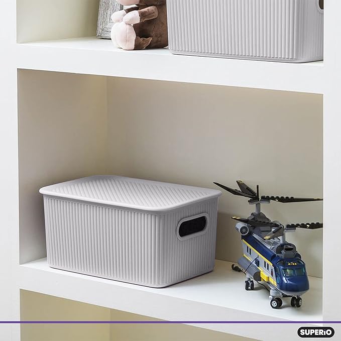 Superio Ribbed Collection - Decorative Plastic Basket Open Home Storage Bins Organizer, Medium White Smoke (6 Pack) Container Boxes for Organizing Closet Storage Bins for Shelves Drawer Shelf 5 Liter