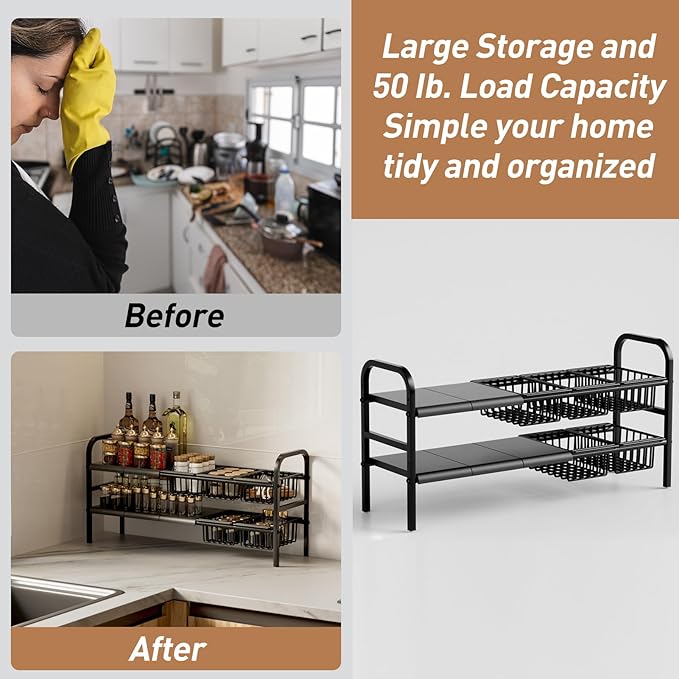 Under Sink Organizers and Storage,Detachable Panels and Baskets,Under Sink Storage,Adjustable 2 Tier Under Kitchen Sink Organizer (5 partitions)