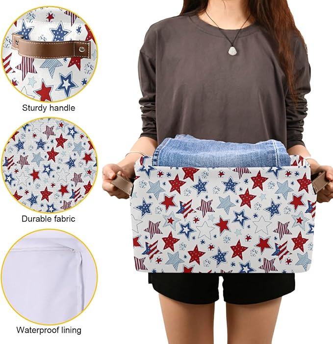 Bolaz Large Storage Basket White American Flag Usa Stars Foldable Storage Box Organizer Bins with Handles for Bedroom Home Office