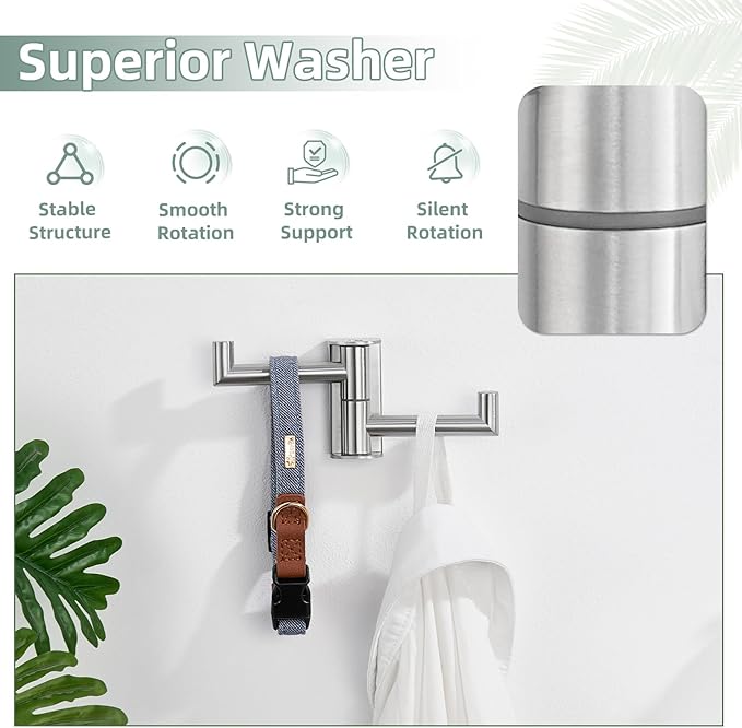 Brushed Nickel Double Swivel Towel Hook, 304 Stainless Steel Folding Clothes Hanger, Wall Mounted