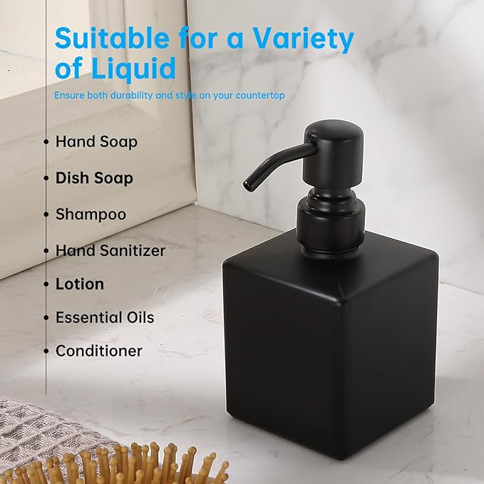 Square Bathroom Soap Dispenser All Black, 8.4 oz Glass Bottles with Stainless Steel Pump Retangle Cube Liquid Soap Dispenser Hand Kitchen