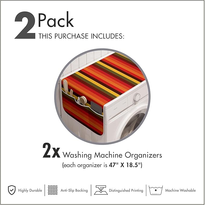Ambesonne Abstract Washing Machine Organizer Pack of 2, Vertical Striped Color Bands Vibrant Tones Geometric Straight Lines Design, Anti-Slip Cover for Washers Dryers, 47" x 18.5", Red Green