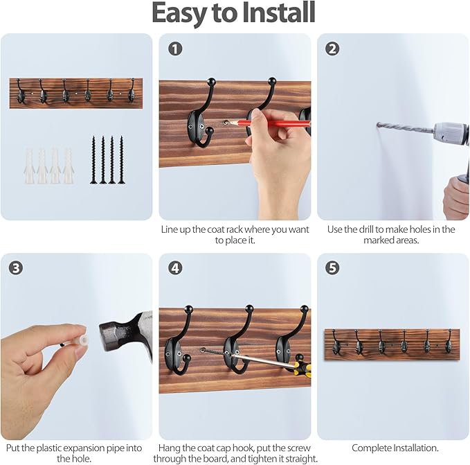 Wooden Coat Rack Wall Mounted, Vintage Coat Hooks Heavy Duty 6 Dual Coat Hangers for Wall,Brown