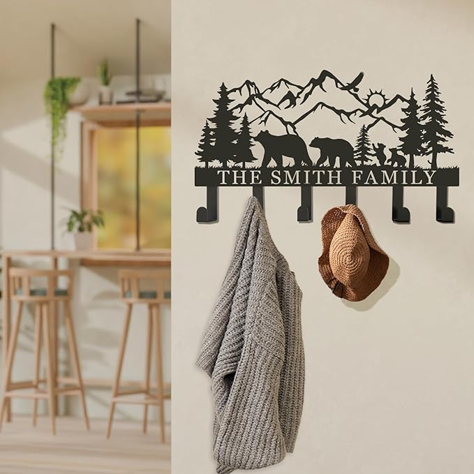 Personalized Metal Coat Rack Wall Mount with Hooks, Decorative Hat & Coat Hooks for Entryway, Hallway, Living Room, and Towel Hooks for Bathroom (Custom)