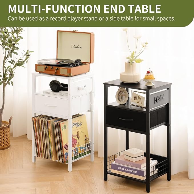 Yoobure Record Player Stand with Storage - End Table with Charging Station & LED Lights, Vinyl Record Storage Holds Up to 100 Albums, Nightstand with Drawer for Living Room Bedroom, Black
