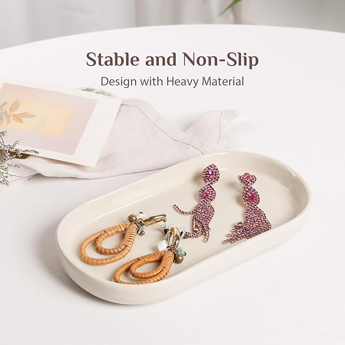 Ceramic Jewelry Tray â Oval Vanity Dish for Rings, Earrings, Bracelets â Minimalist Decorative Trinket Holder for Dresser, Bathroom, Nightstand â Cream White