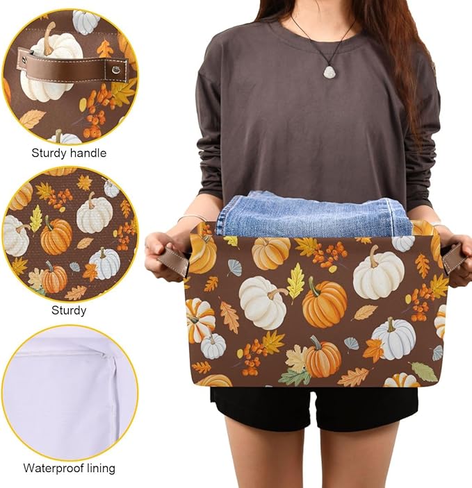 Pumpkin Maple Leaf Pattern Storage Basket,Large Storage Bin Fabric Collapsible Organizer Bag with Handles 15x11x9.5 inch