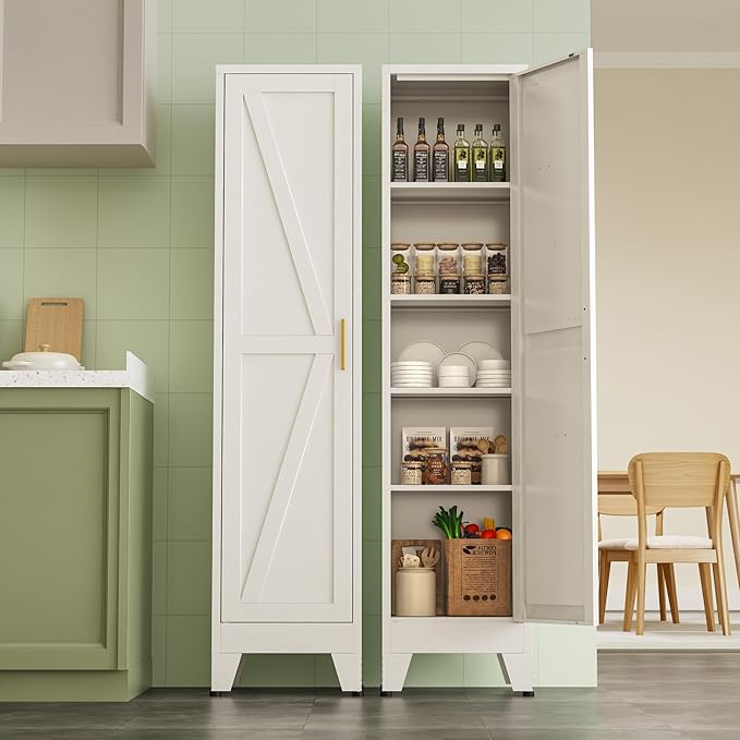 White Narrow Metal Storage Cabinet, Tall Freestanding Cabinet with 4 Adjustable Shelves & Barn Doors, Pantry Organizer for Bathroom Kitchen Home Office Dining Room(1PC,White)