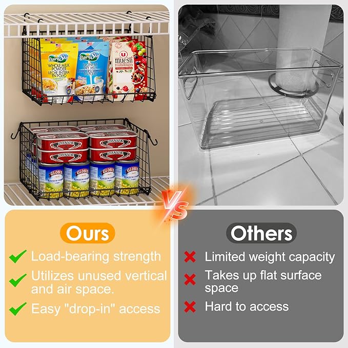 3-Pack Under Shelf Hanging Baskets - Space Saving Pantry Shelf Organizer with 360° Rotating Hooks for Kitchen Storage, Foldable Small Space Solutions for Pantry Utility Closet Garage, Black