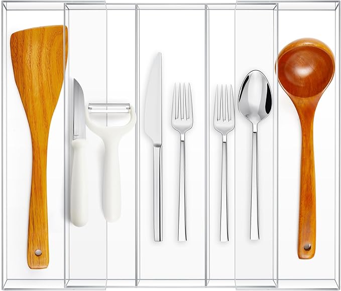 1 Pack Expandable Kitchen Drawer Organizer Clear Acrylic Utensil Organizer Adjustable Acrylic Silverware Storage for Drawers Silverware Flatware Knives (12 x 16 Inches,3-5 Compartments)