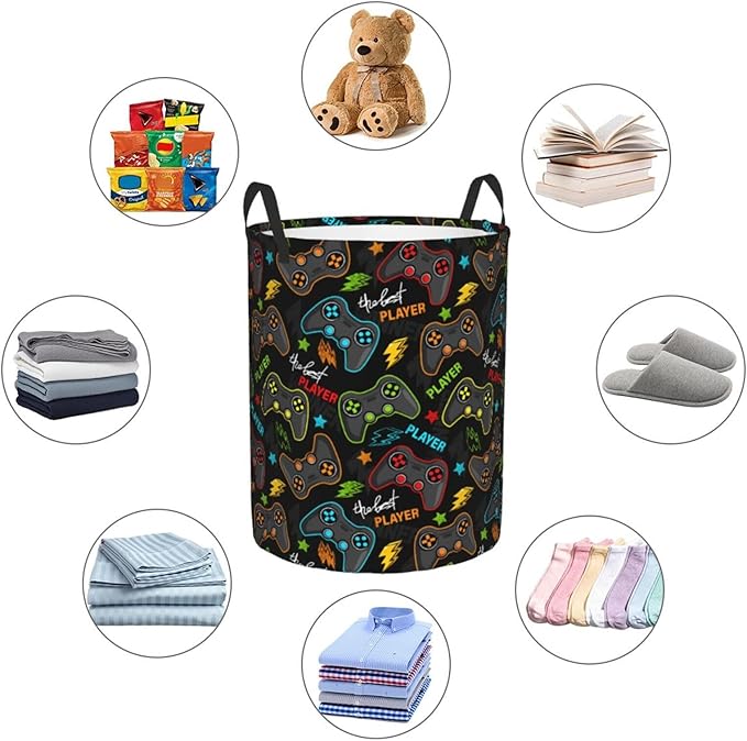 Video Game Controller Round Laundry Hamper Gaming Joysticks Storage Basket Toys Clothes Organizer Bin For Home Bathroom Bedroom Dorm Nursery, 38l