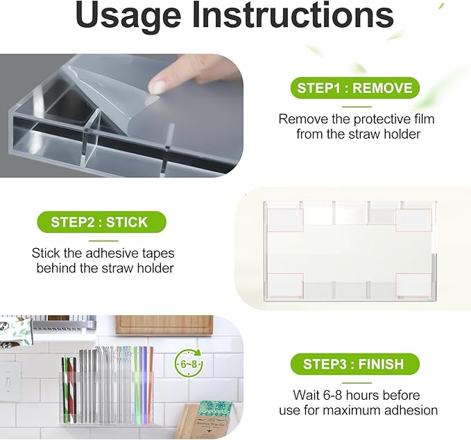 2 Pack 9.5” Large Acrylic Straw Holder for Cabinet Door with Detachable Ultra Sticky Adhesive Squares and Stickers, 2026 Reusable Straws Organizer Storage Dispenser for Kitchen Counter Cupboard