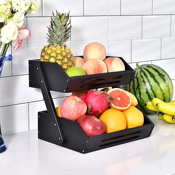 Bamboo Fruit Basket, 2 Tier Fruit Bowl for Kitchen, Fruit Stand Holder for Fruit and Vegetables Storage, Idea Home Kitchen Countertop Organizer