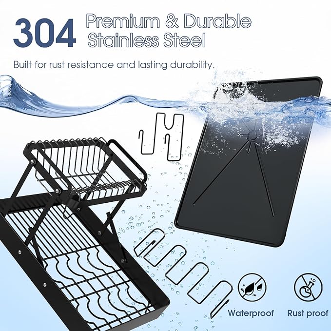 Dish Drying Rack for Kitchen Counter, Stainless Steel 2 Tier Dish Rack w Drainboard, Foldable 360° Rotatable & Expandable Drainer, Space-Saving Dish Strainers for Kitchenware