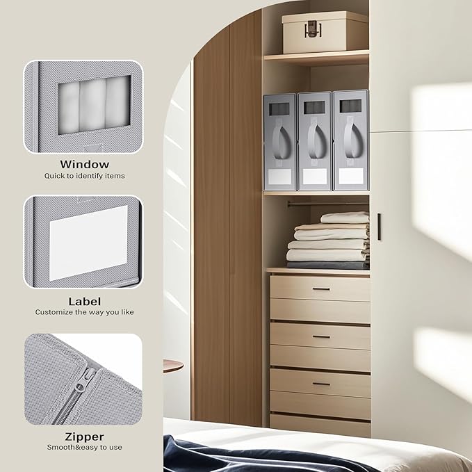Foldable Bedding Organizer, Fabric Storage Bins for Bed Sheets, Duvet Covers and Pillowcases, Closet Organizer, Storage Container Boxes for Blankets, Clothes (2 pack(Full or Twin), Grey)
