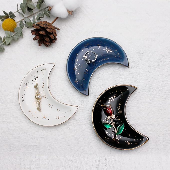 Soddeph Small Moon Ceramic Jewelry Tray, Decorative Trinket Dish, Ring Holder Plate, Modern Accent Tray for Bathroom, Nightstand, Entryway Table, Vanity (1, White)