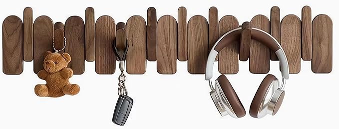 Wall Mounted Coat RackHooks Piano Key Hangers Natural Solid Wood Hanger Non-Woven Fabric Clothes Hangers for Closet, Kitchen, Bedroom, Bathroom, Entryway (Moon-Beech, 12 Hooks)