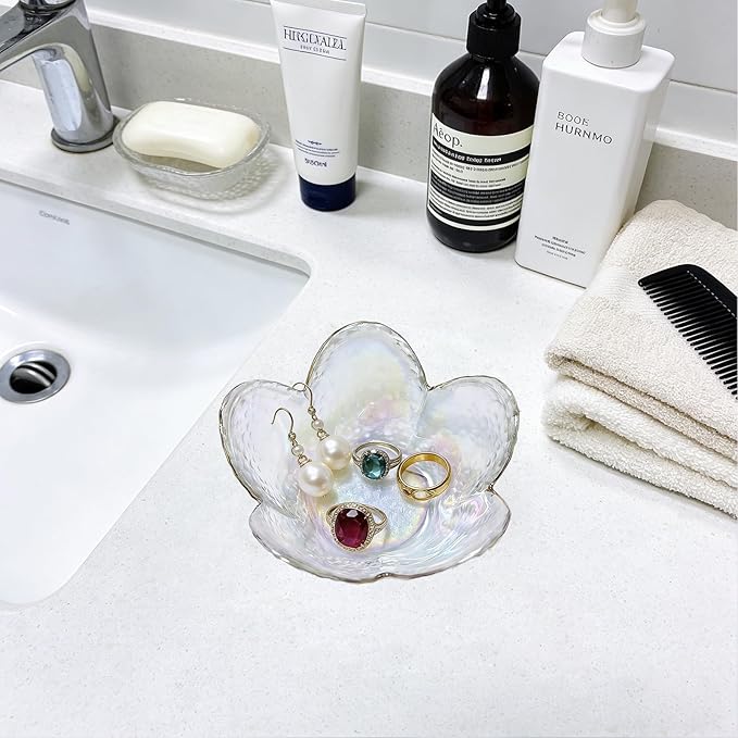 Flower Ring Dish Jewelry Tray, Glass Jewelry Dish Tray, Aesthetic Room Decor Small Trinket Dish, Nightstand Jewlery Ring Holder Dish, Bathroom Jewelry Plate Bowl for Rings Earrings Gift (White)
