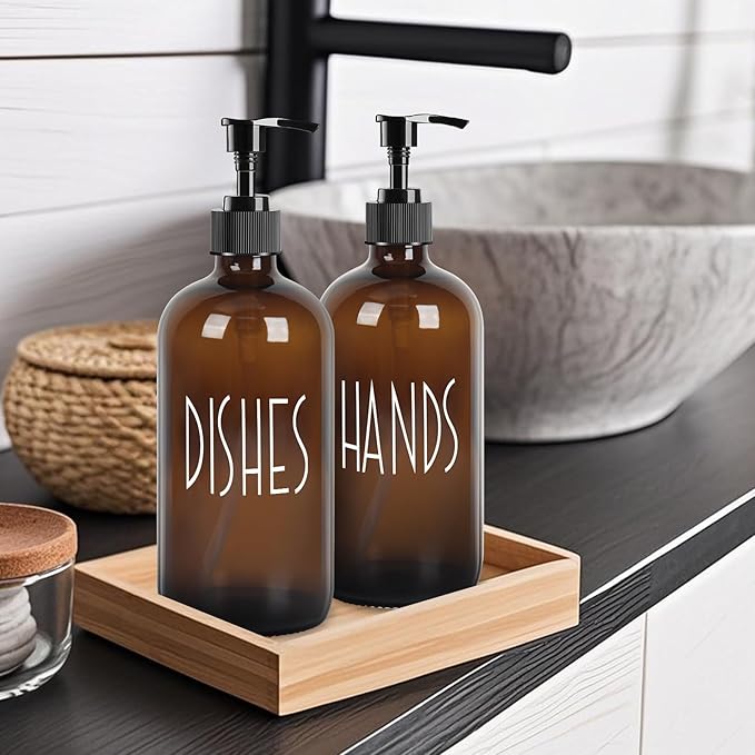 Dish Soap Dispenser with Plastic Pump for Kitchen - 16 OZ Glass Hand Soap Dispenser Set - Kitchen Bathroom Decor and Accessories (Dark Brown)