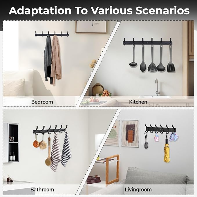 Coat Rack Wall Mount, 1 Pack Coat Hooks Hanger Wall Double Hook Rack Rail Towel Hat Rack Entryway Bathroom Hanger Organizer for Robes, Clothes, Bags, Hat(Black)