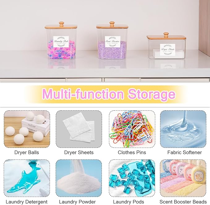 efluky 3 Pack Laundry Pods Container & Dryer Sheet Holder Set, Clear Laundry Room Organization Containers with Bamboo Lids and Labels, Detergent Pods Storage for Scent Booster, Powder