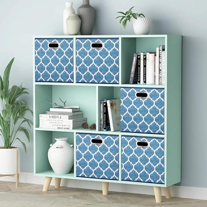 13x13x13 Inch Cube Storage Bins Blue Navy Foldable Grid Lantern Print Fabric Storage Basketes for Home Organizers Storage Drawer,QY-SC02-6